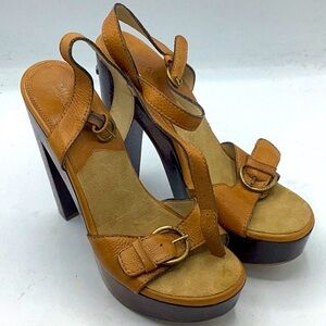 Michael Kors Selma wooden block heels with leather straps SZ 10M.